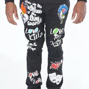 NWOT Makobi M1999 Love Kills Black Graphic Men's Jeans 36/34